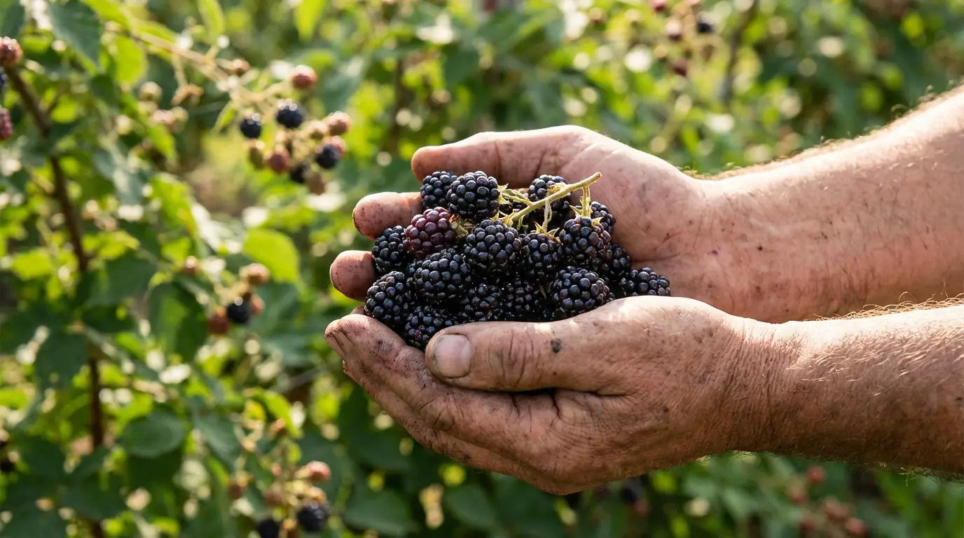 Tractor moving through orchard rows