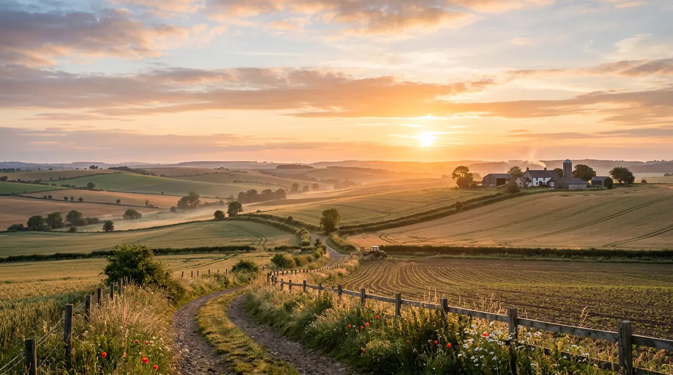 Golden sunrise over farm rows