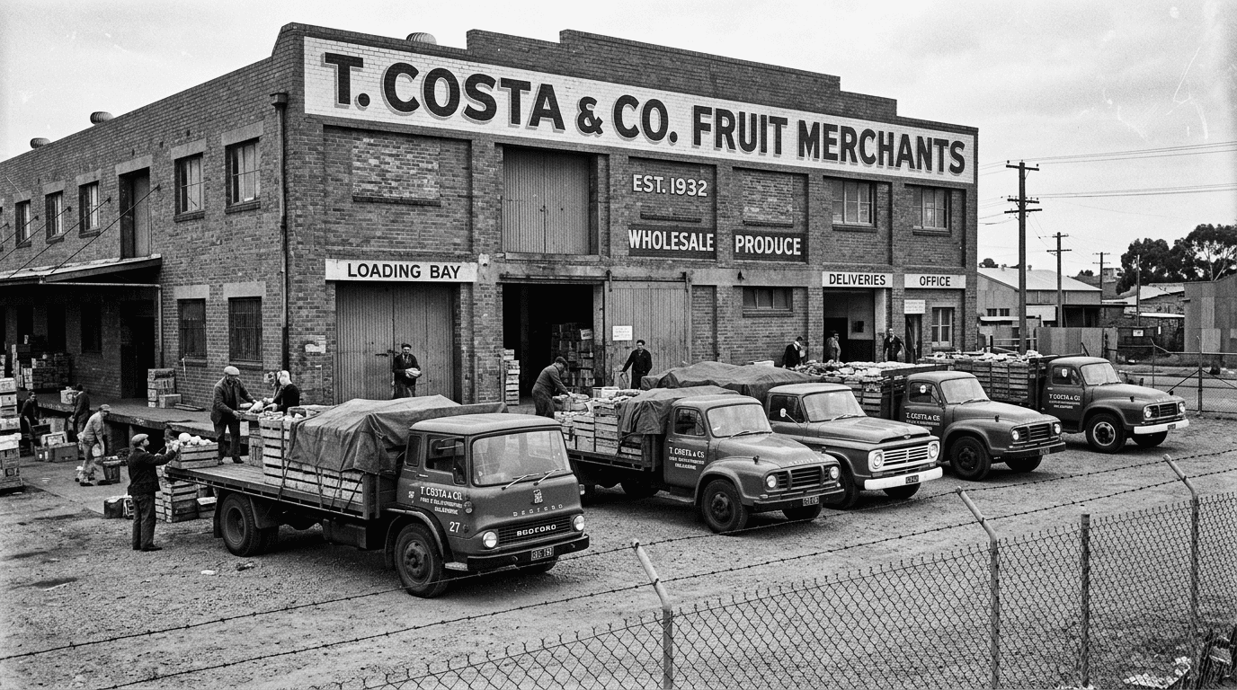 Historical photo of T. Costa & Co. Fruit Merchants trucks