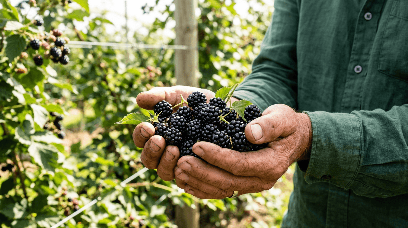 Hands holding fresh blackberries